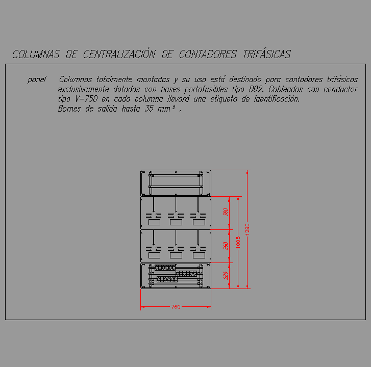 Bloque Autocad Panel de columna de centralización (3 cont/mód), 2 módulos III + N .